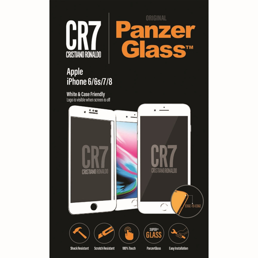 صورة بانزر جلاس ، حماية شاشة  زجاجية ، ميزة ظهور علامة CR7 عند إطفاء الشاشة  لأجهزة أبل آيفون 6/6s/7/8 - أبيض