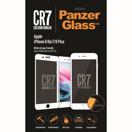 صورة بانزر جلاس ، حماية شاشة  زجاجية ، ميزة ظهور علامة CR7 عند إطفاء الشاشة  لأجهزة أبل آيفون 6/6s/7/8 بلس - ابيض