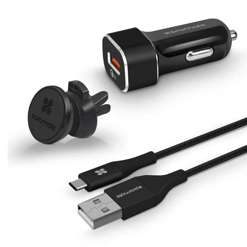 Picture of Promate Power Bundle with QC3.0 Car Charger, Magnetic Mount And USB-C Cable - Black