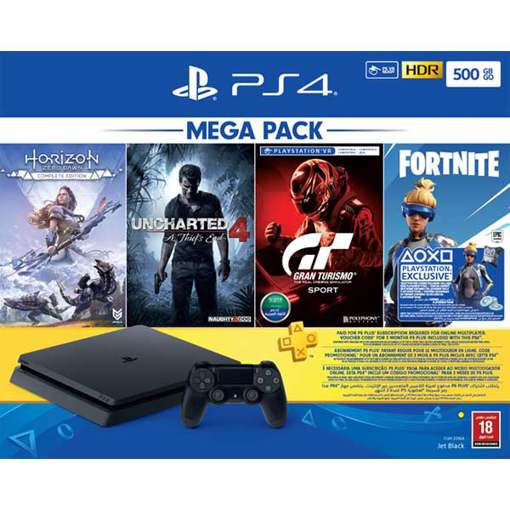 Picture of Sony Playstation PS4 500GB Controllers : 1 + 4 Games ( Horizon + Grand Torism + Uncharted4 + Frontier Voucher ) +1 (PS Plus 90 Days Subscription)
